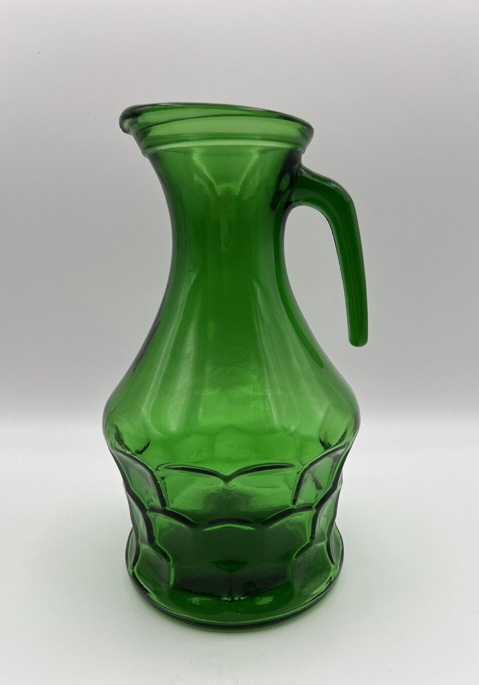 Italian Bormioli Green Glass Carafe Pitcher 9” Honeycomb Pattern Vintage
